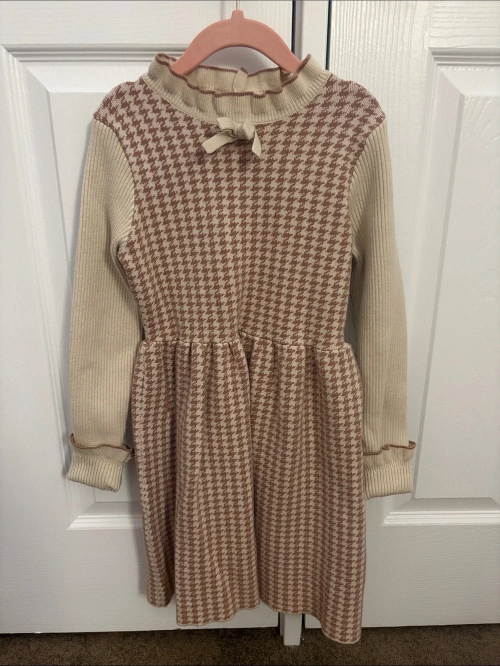 Janie and Jack Cream and Brown Houndstooth Knit Dress